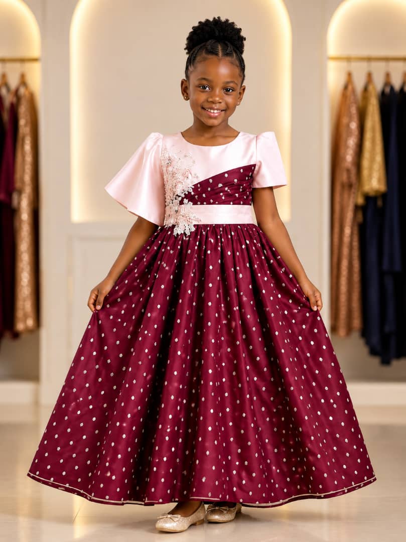 Robe de cérémonie enfant rose et bordeaux à pois